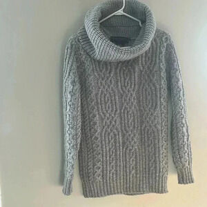 [S]Inis Crafts Merino Wool Jumper Grey Cable Knitted Roll Neck  Sweater Ireland